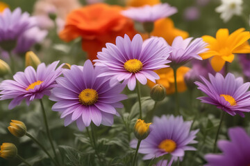 Close-up of purple daisies in a field with orange and yellow flowers