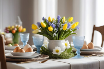 Easter Table Setting with Tulips, Eggs, and Blue Glassware for a Festive Holiday Meal