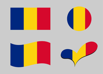 Flag of Romania. Romania flag in heart shape. Romania flag in circle shape. Country flag variations