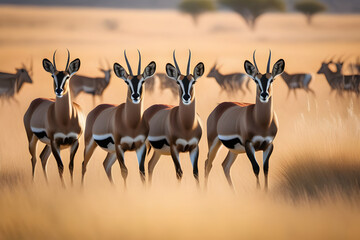 Gazelles standing in grassy plain during golden hour with sun rising - obrazy, fototapety, plakaty