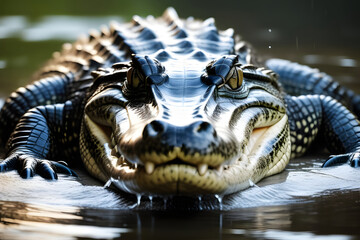 Close up of a dark green alligator emerging from the water with a blurred background - obrazy, fototapety, plakaty