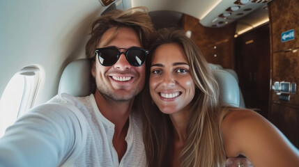 Smiling Couple Taking a Selfie on a Luxurious Private Jet Flight.