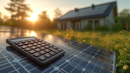 photovoltaic panel with calculator on top. calculation of return on investment