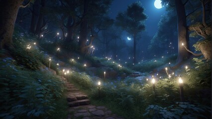Midnight Garden Stroll: Serene Path through Moonlit Foliage
