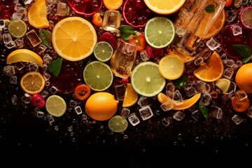 cocktail frame background with a vibrant composition featuring an assortment of citrus fruits and berries, ice cubes, and two glasses of a chilled beverage
