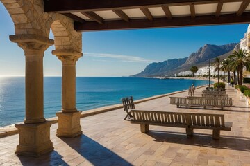 a couple of benches sitting on top of a stone walkway, south african coast, mediterranean vista, beachfront mansion, ocean cliff view,