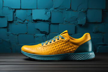 Blue yellow noname Sports sneakers on a blue background with developing laces. Side view, close-up.