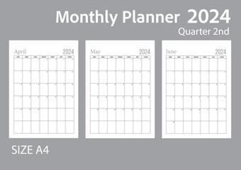 Blank 2nd quarter, monthly planner, set of 3 month of year 2024 start at Sunday without holiday.