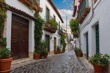 Fototapeta na wymiar a narrow cobblestone street lined with potted plants, spanish alleyway, narrow and winding cozy streets, narrow streets,