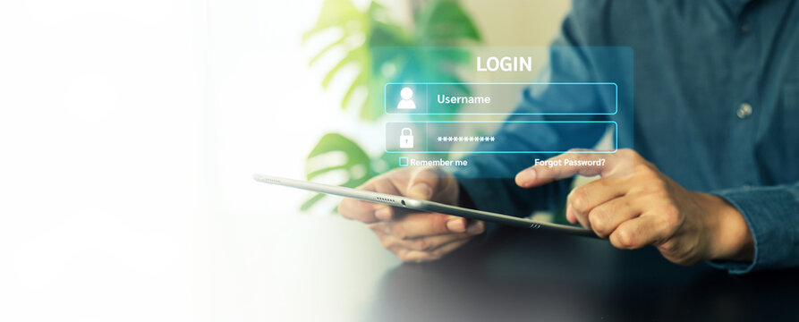 Person is using login username and password icon for safety internet security access or user sign registration menu for social media member verification personal information account submit register.