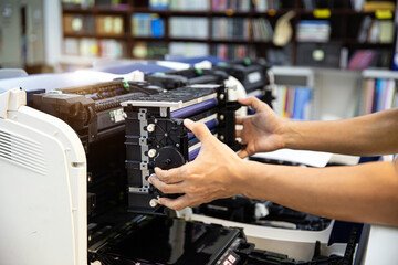 Technician open cover printer fix repair problem and replace drum and ink cartridges and for print...