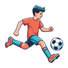 Obraz premium Happy cute little boy playing soccer football game in action cartoon vector illustration, kid player kicking ball design template isolated on white background