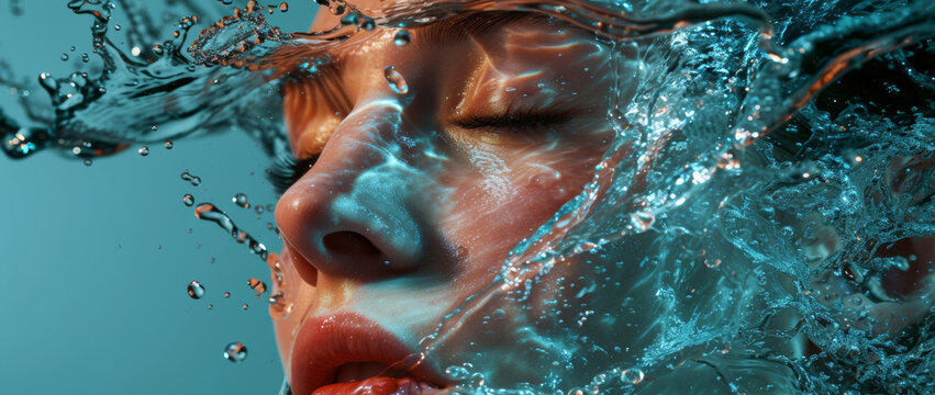 Surreal aqua immersion, a woman's face calm amidst a dynamic splash, embodying serenity and force