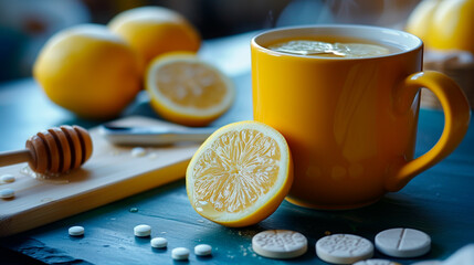 Obraz na płótnie Canvas Orange mug of tea with lemon and honey on the background of medicines. The concept of treatment of colds by means of folk medicine. Vitamin drink