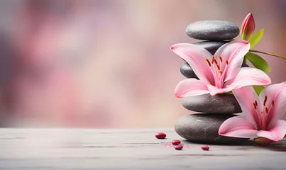 Schilderijen op glas Spa stones and purple flowers on solid color background, yoga meditation relaxation nature tranquility concept illustration © lin