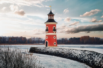 Mole und Leuchtturm Moritzburg bei Dresden - Lighthouse Moritzburg - Saxony, Germany, Europe - Winter - Snow - High quality photo - obrazy, fototapety, plakaty