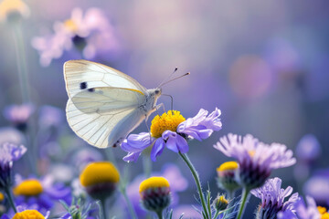 Сabbage butterfly sitting on purple flowers, spring nature