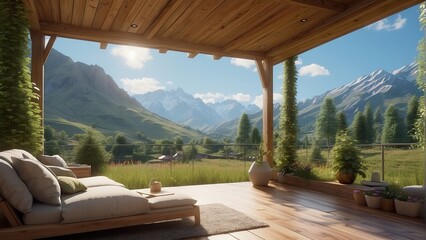 Rural bliss captured in a wooden home with terrace, flower pots, and a view of serene mountain landscapes - obrazy, fototapety, plakaty