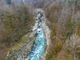 vue en drone des pertes de la Valserine, Ain, France