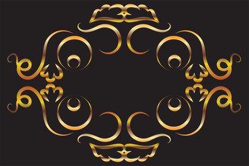 Fantasy ornament with leaves, curls. Symmetrical ornament, applique, background. Gold gradient on a black background for printing on fabric, applique and cards.