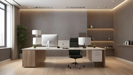 modern interior design. 3D rendering of an office space. Front view.