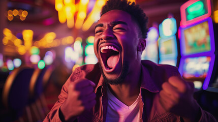 African American happy man happy man screams because he won casino money - obrazy, fototapety, plakaty