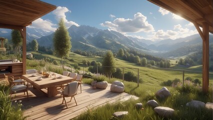 A picturesque escape unfolds in this wooden house, featuring a terrace with stunning mountain and field views - obrazy, fototapety, plakaty