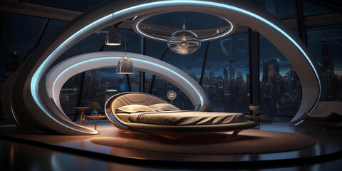 Fototapeta premium Futuristic Modern bedroom Interior Design, panoramic view concept design, focus on sleek lines and innovative materials, Futuristic interior design
