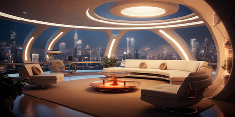 Fototapeta premium Futuristic smart home a living room bathed soft ambient lighting Futuristic Smart Home Living Room Concept