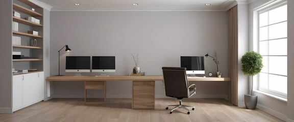 modern interior design. 3D rendering of an office space. Front view.