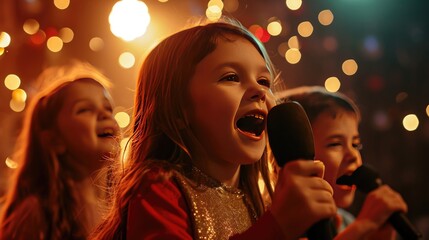 Young Children Singing Together on Stage During a Performance, Children Day
