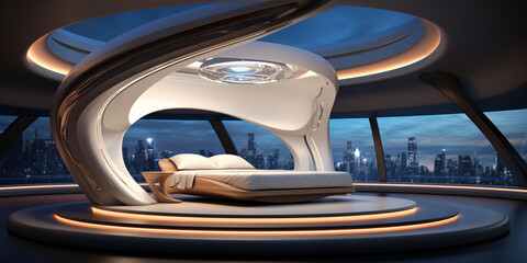 Futuristic Modern bedroom Interior Design, panoramic view concept design, focus on sleek lines and innovative materials, Futuristic interior design