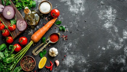 Obraz na płótnie Canvas dark cooking banner vegetables and spices on the kitchen table top view free space for your text