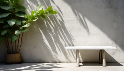 white concrete empty table organic curtain and plant shadow on cement wall summer exterior scene for product placement mockup neutral minimal aesthetic