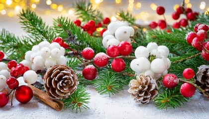 snowberries with green twigs of christmas tree red decorations and cones in a festive garland on white or background