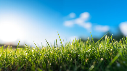 Fototapeta premium Green grass close-up over blue sky and clouds