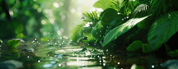The enchanting beauty of natural leaves adorned with delicate water droplets, a hallmark of nature's serenity. - obrazy, fototapety, plakaty