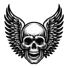 Skull wings vector illustration, winged skull badge emblem template suitable for apparel t-shirt, poster, motorbike club logo, tattoo. Design isolated on white background