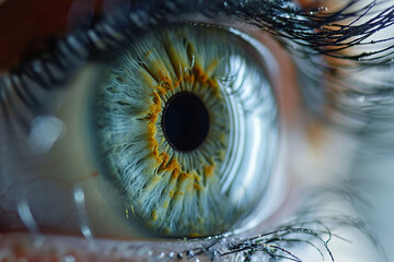 Close-up of the opening pupil of the iris of the human eye. Wide open human eye in real time. Female light green eye. the iris and pupil look into the distance. Cinematic. The iris narrows. - obrazy, fototapety, plakaty