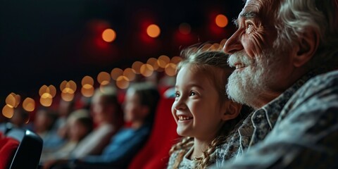 A grandfather and his granddaughter are at the cinema, having a great time and giggling.
