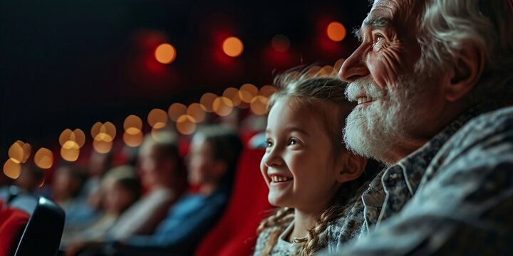 A grandfather and his granddaughter are at the cinema, having a great time and giggling.