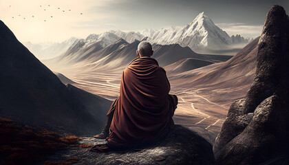 tibetan monk sitting on a stone meditating in a mountain valley, rear view. Generative AI. - obrazy, fototapety, plakaty