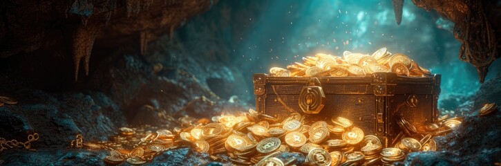 A treasure chest overflowing with various digital currencies in an ancient cave