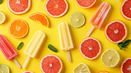 Fruit popsicle and lemon top view, summer cold drink almost healthy fruit concept illustration