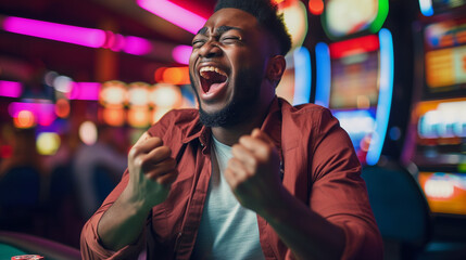 African-American guy is happy to win in the casino, emotions of joy, elation, happiness.  - obrazy, fototapety, plakaty
