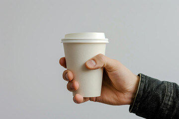 A man's hand holds a disposable paper coffee cup with a white plastic lid, isolated on a light gray background. Mockup of a man's hand holding a paper coffee cup. Copy space. Banner. Foreground