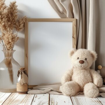 wooden blank photo frame with teddy.  interior decoration minimalist modern themed. Ai generated