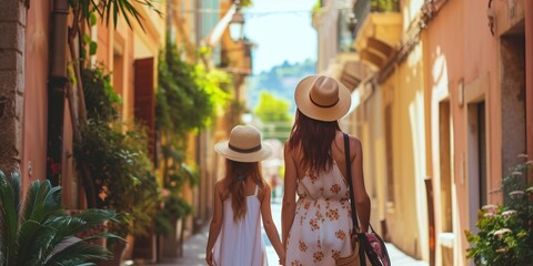 A sightseer mother and her child strolling through the narrow roads of Nice, France. Ideal holiday with loved ones.