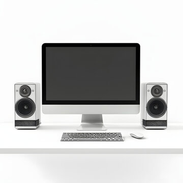 Computer speakers on a desk isolated on white background, vintage, png
