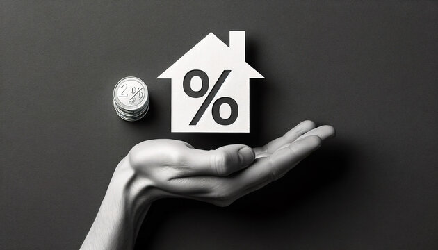 A conceptual image with a hand holding a paper house icon with a percentage sign, next to a stack of coins, against a black background.Concept of savings. AI generated.